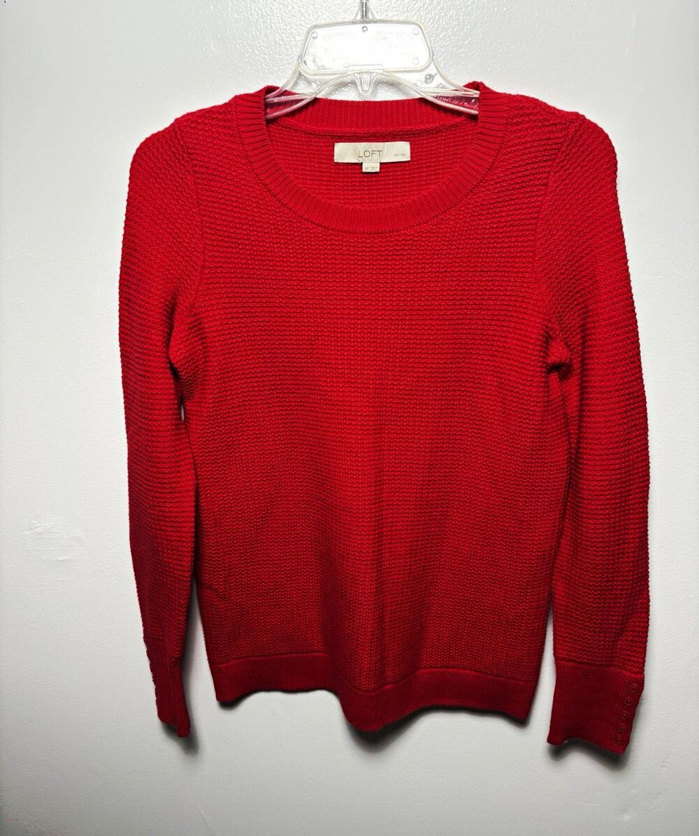 LOFT Petites Red SP Crew Neck Long Sleeve Knit Pullover Sweater 100% Cotton